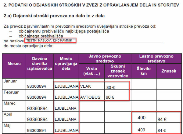 Primer, kako izpolniti dejanske stroške